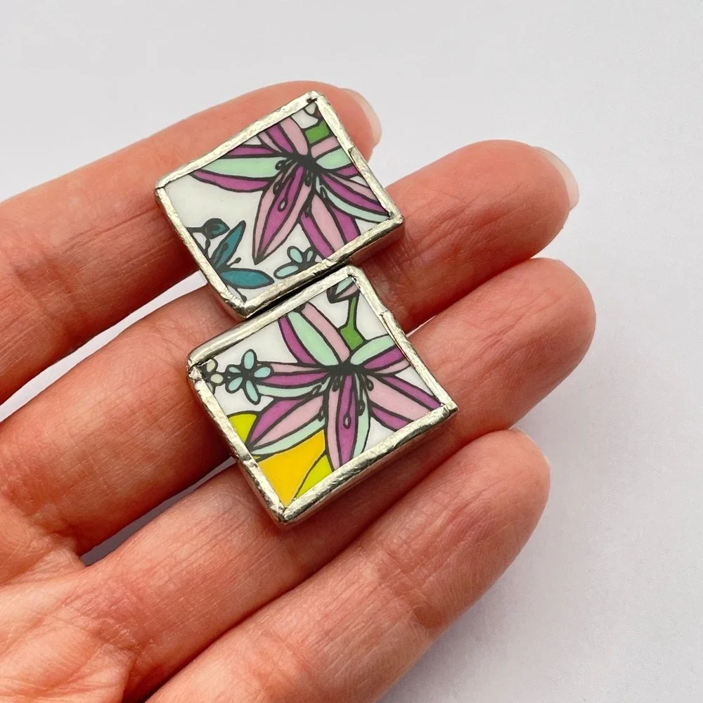 Artisan Made Ceramic Floral Silver Cufflinks Handmade - Picture 8 of 10